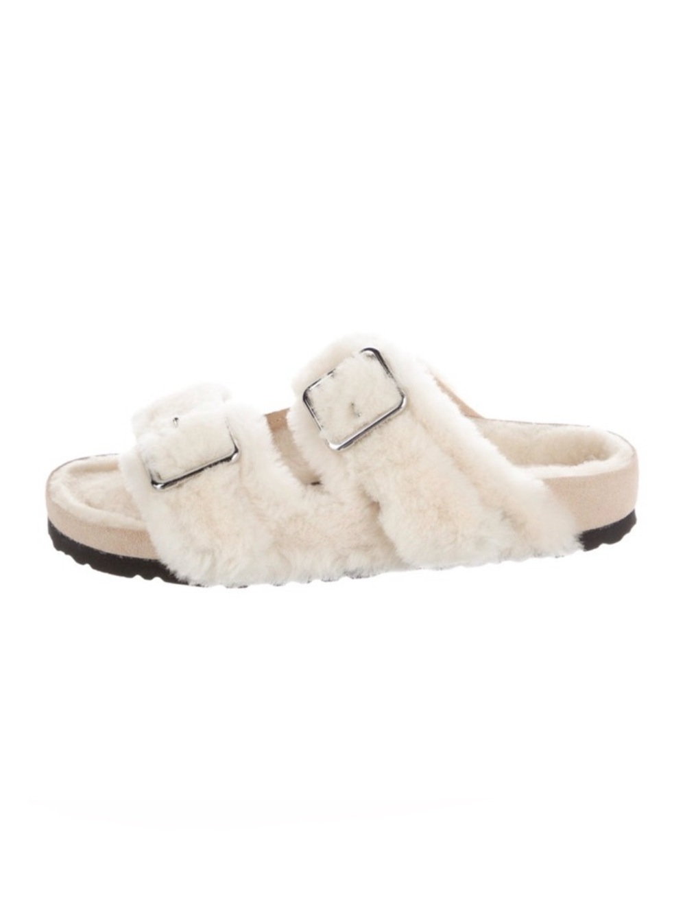 Faux Fur Double-Buckle Slide Sandal - Cream